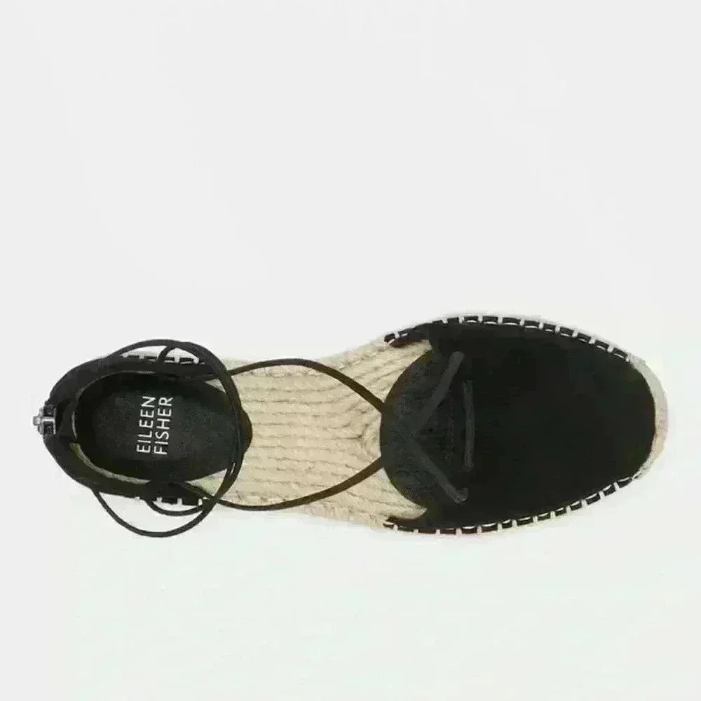 New! Eileen Fisher 5.5 Leather Lace Up D'Orsay Lee Espadrille Black Flat Sandals - Picture 2 of 10